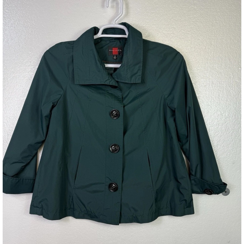 Gallery‎ Womens Rain Trench Coat Sz XS Small Green 4 Button Jacket Office Church